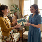 Two women exchanging a gift wrapped in vintage-style paper with a teal velvet ribbon.