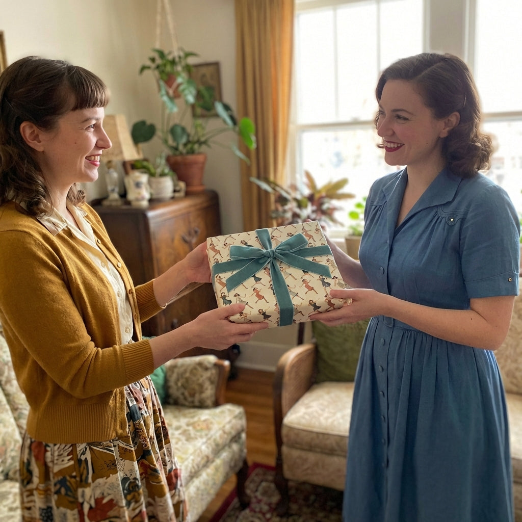 Two women exchanging a gift wrapped in vintage-style paper with a teal velvet ribbon.