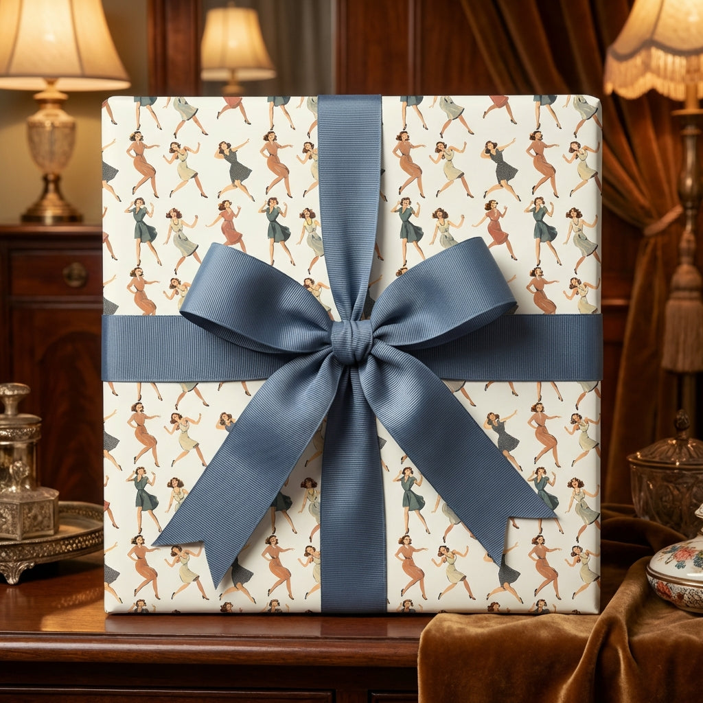 Vintage-style wrapping paper with dancing ladies and a blue ribbon, ideal for birthday gifts or retro-themed celebrations.
