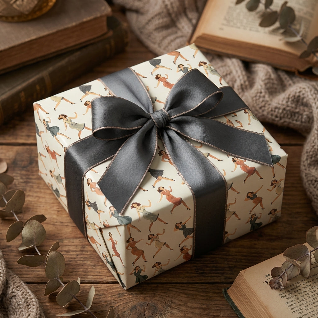Vintage-style gift wrapped in dancing ladies wrapping paper with a charcoal gray satin bow.