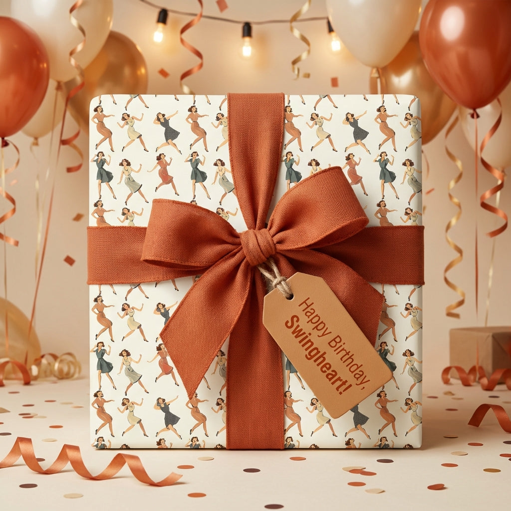 Retro birthday gift wrapped in dancing-figure paper, tied with a rust-colored ribbon and "Swingheart" tag.