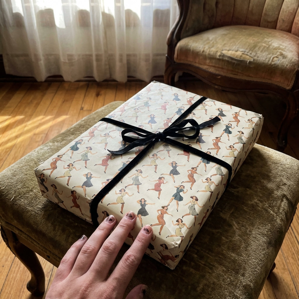 Vintage-style gift wrapped in dancer print paper with black velvet ribbon on a tufted bench.
