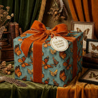 Elegant gift wrapped in butterfly wrapping paper with burnt orange velvet ribbon for nature lovers.