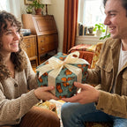 Couple exchanging a gift wrapped in butterfly print wrapping paper with a cream-colored satin bow.