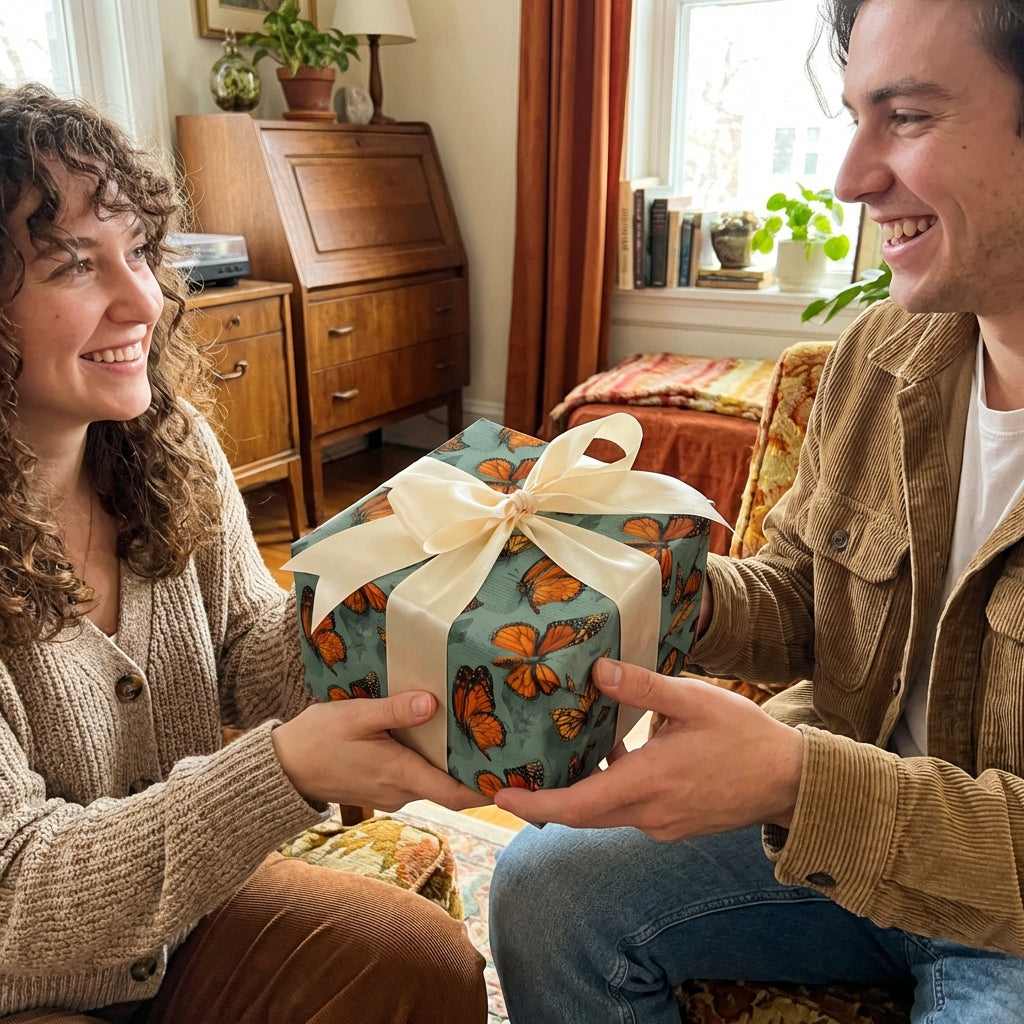 Couple exchanging a gift wrapped in butterfly print wrapping paper with a cream-colored satin bow.