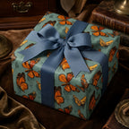 Gift box wrapped in butterfly wrapping paper with blue ribbon, on a brown velvet surface.