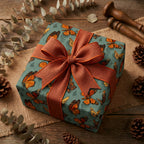 Rustic gift wrapped in butterfly print wrapping paper with burlap ribbon on a wood background.