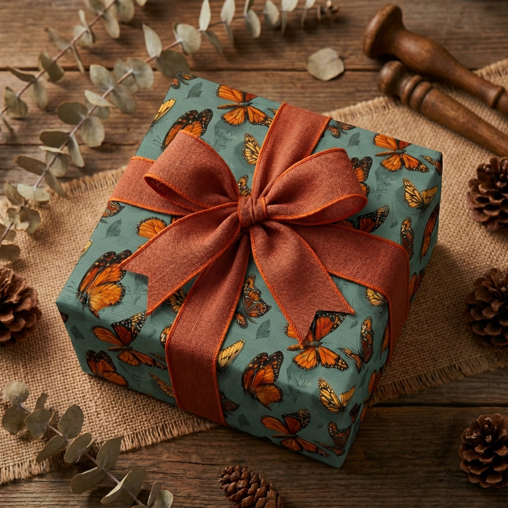 Rustic gift wrapped in butterfly print wrapping paper with burlap ribbon on a wood background.