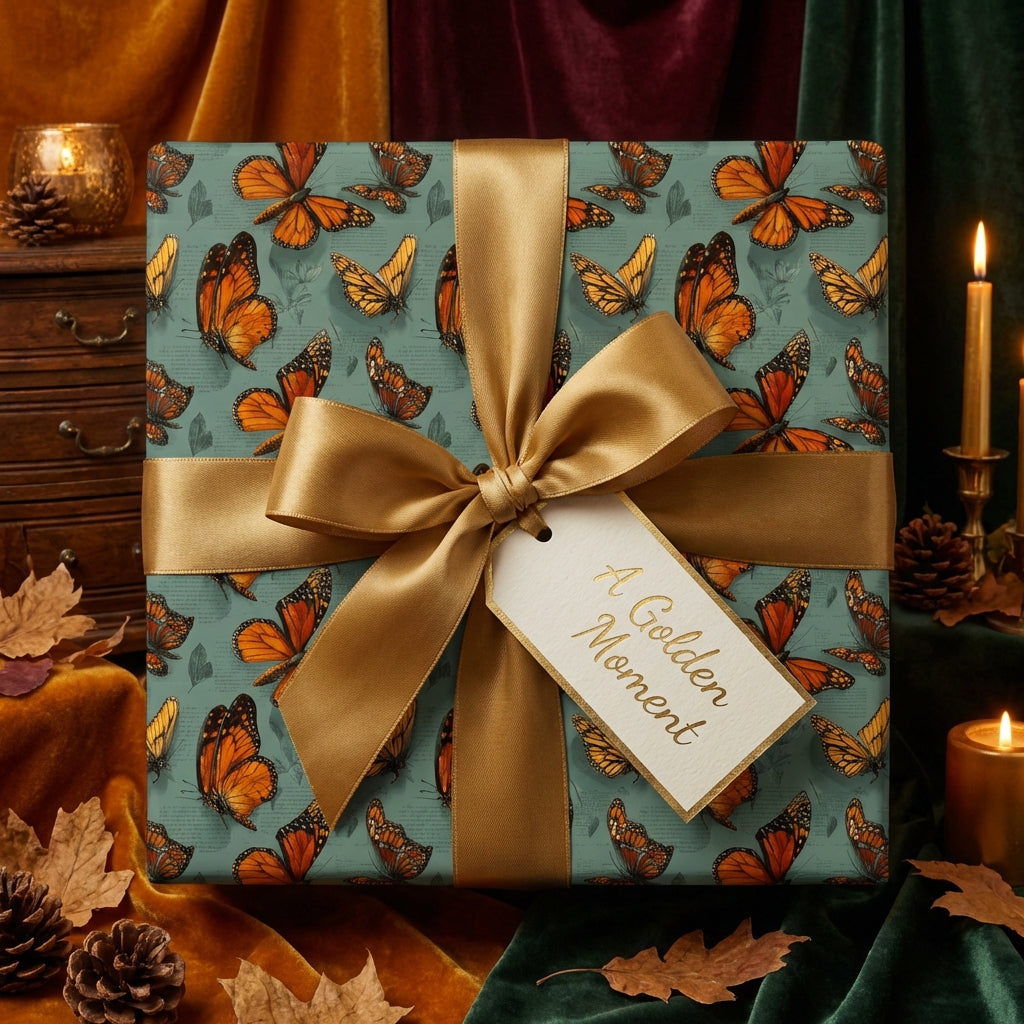 Elegant gift wrapped in butterfly-themed wrapping paper with gold ribbon and "A Golden Moment" tag.