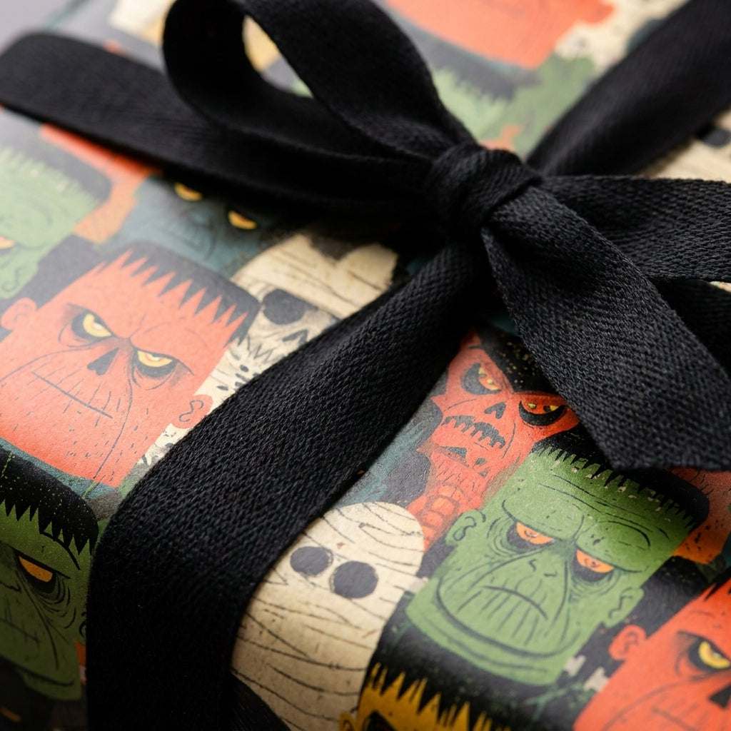 Vintage monster Halloween wrapping paper with a black ribbon bow by Wrapped Studios.