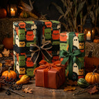 Spooky Frankenstein Halloween wrapping paper and orange gift wrap with rustic pumpkins by Wrapped Studios.