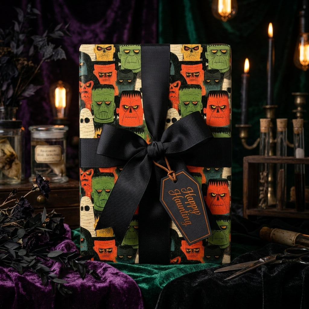 Retro monster Halloween wrapping paper with a black bow and gift tag by Wrapped Studios.