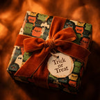 Retro monster Halloween wrapping paper with an orange velvet ribbon and Trick or Treat tag by Wrapped Studios.