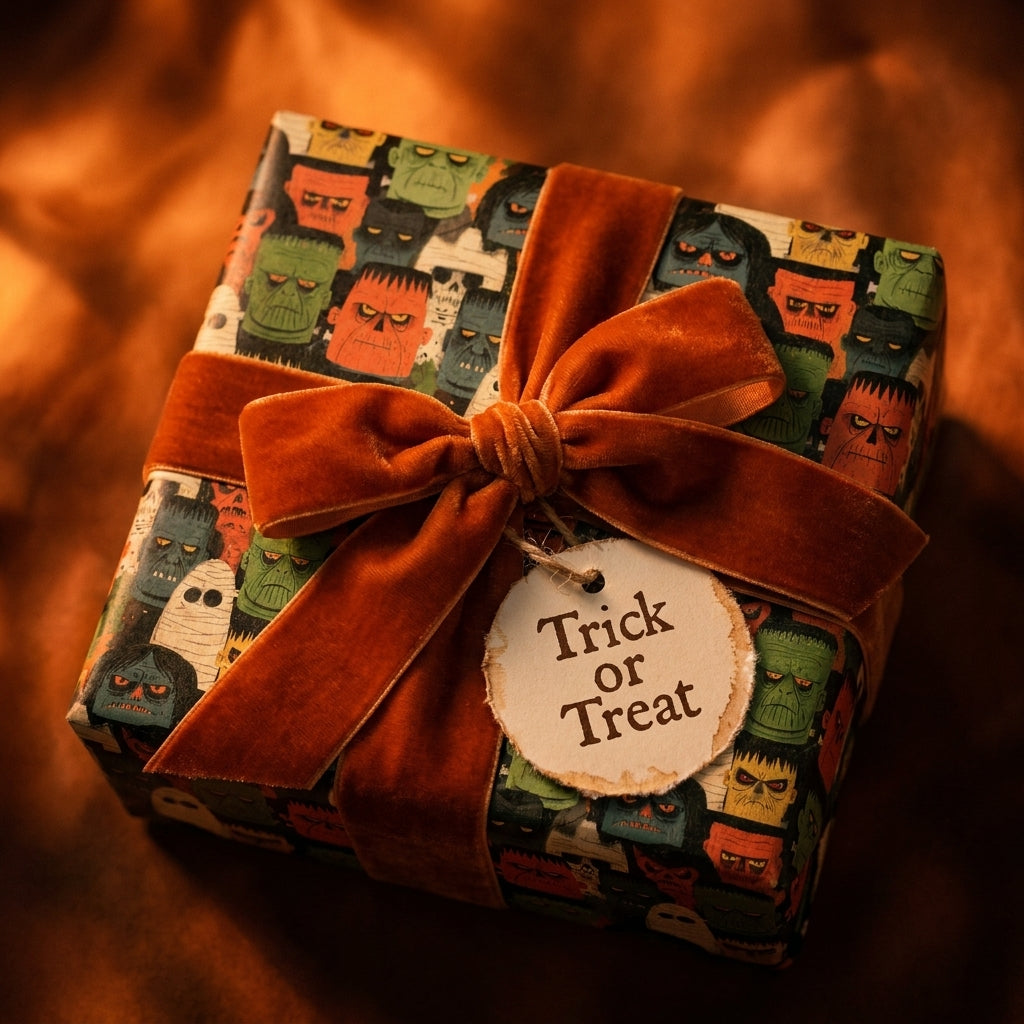 Retro monster Halloween wrapping paper with an orange velvet ribbon and Trick or Treat tag by Wrapped Studios.