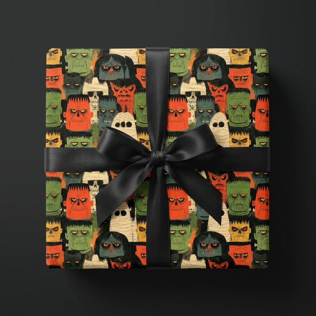 Spooky monster Halloween wrapping paper with a black satin bow by Wrapped Studios.