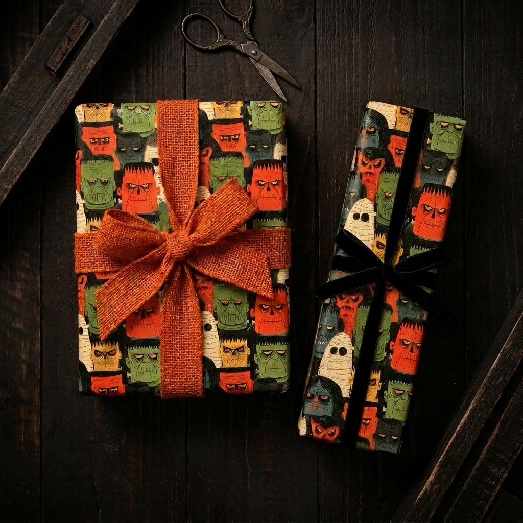 Retro Halloween monster wrapping paper with burlap and velvet bows by Wrapped Studios.