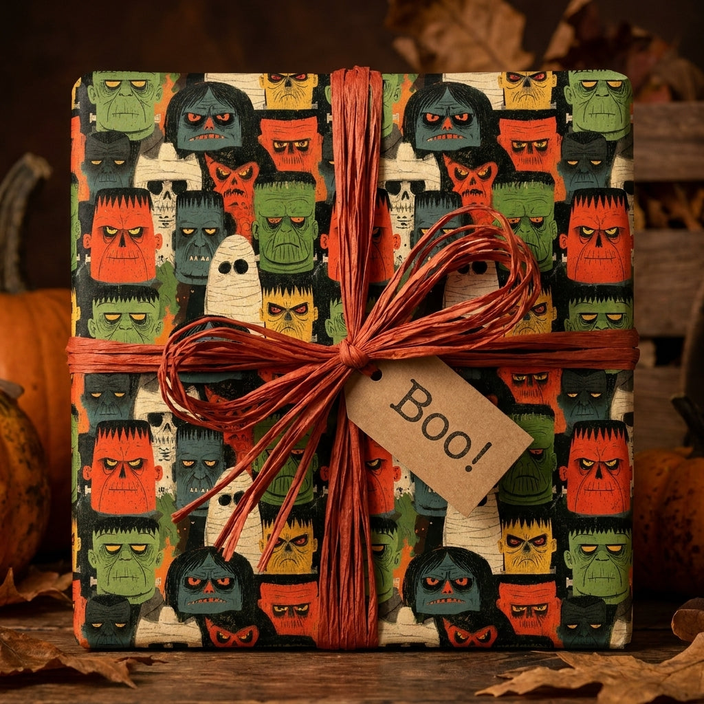 Retro monster Halloween wrapping paper with an orange raffia bow and Boo tag by Wrapped Studios.