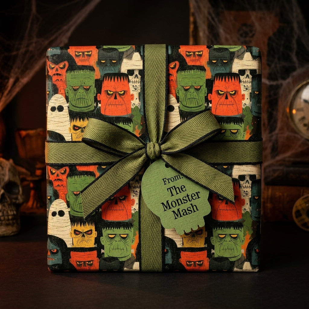Retro monster Halloween wrapping paper with a green ribbon bow by Wrapped Studios.