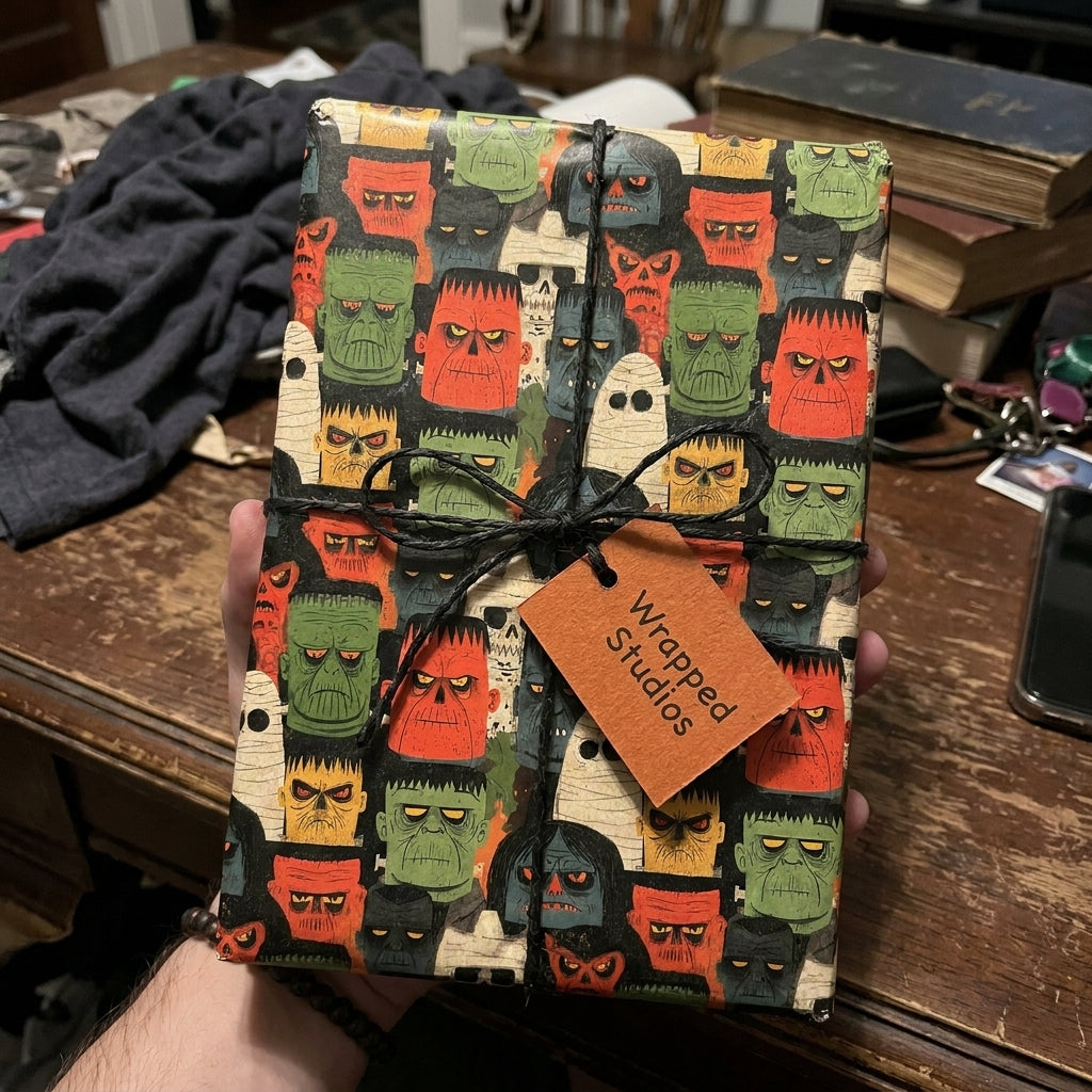Retro monster Halloween wrapping paper on a gift with black string and a Wrapped Studios tag.