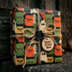 Retro monster Halloween wrapping paper with twine bow and skull seal by Wrapped Studios.