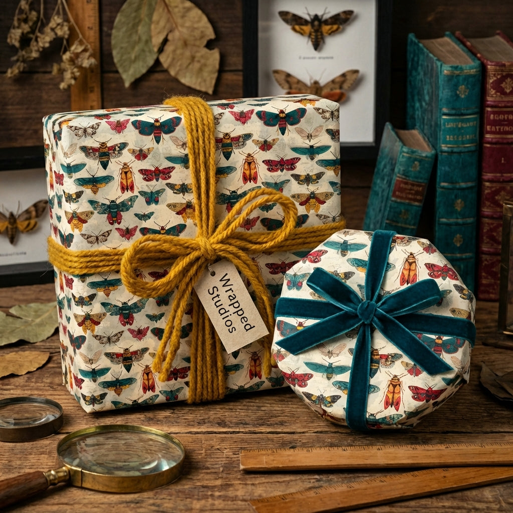 Vintage-inspired wrapping paper featuring colorful moth illustrations, adorned with mustard twine and a teal velvet ribbon bow.