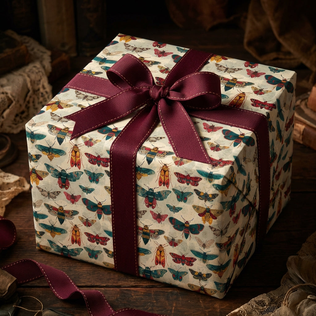 Elegant gift box wrapped in vintage-style butterfly wrapping paper with a burgundy ribbon.