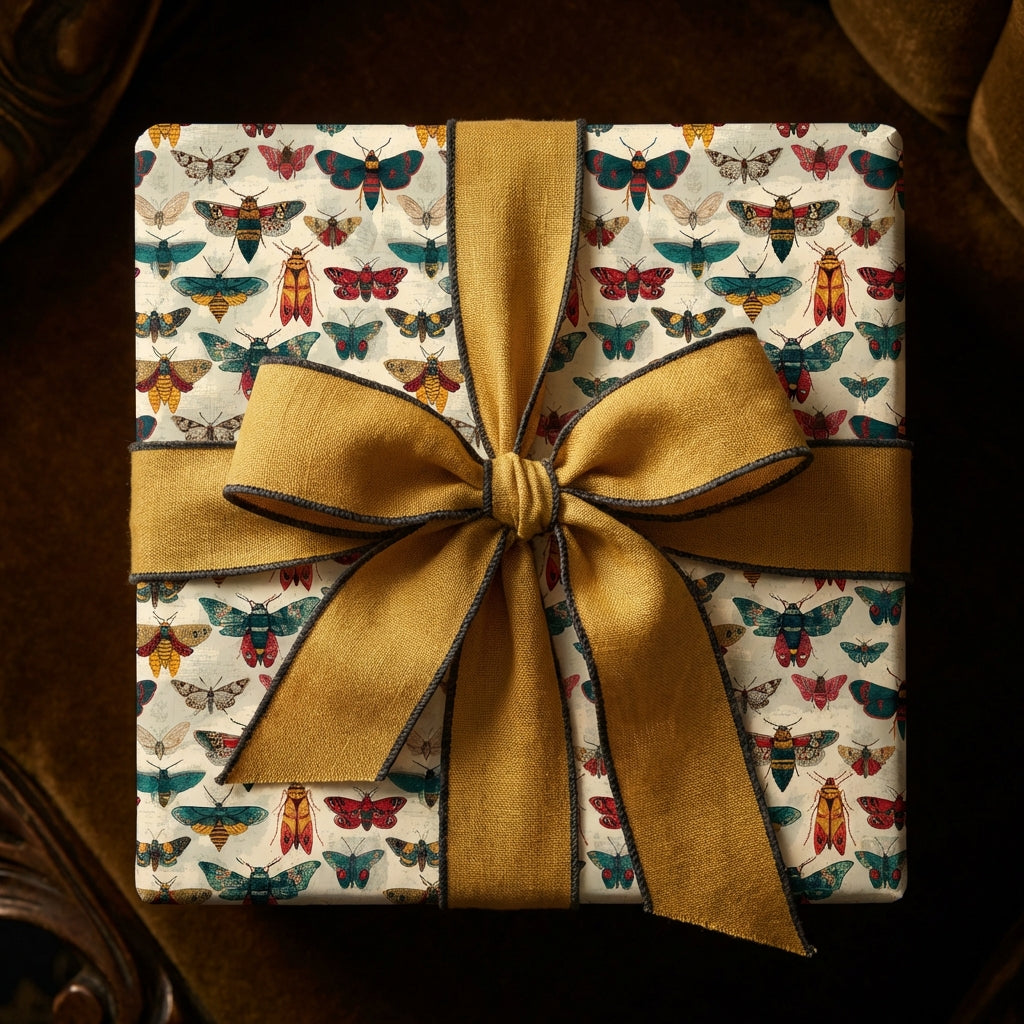 Square gift wrapped in novelty insect wrapping paper with a large mustard bow.