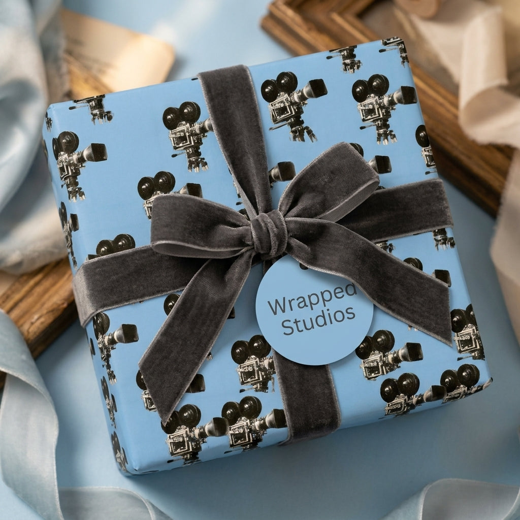 Vintage movie camera wrapping paper in light blue with a grey velvet ribbon by Wrapped Studios.