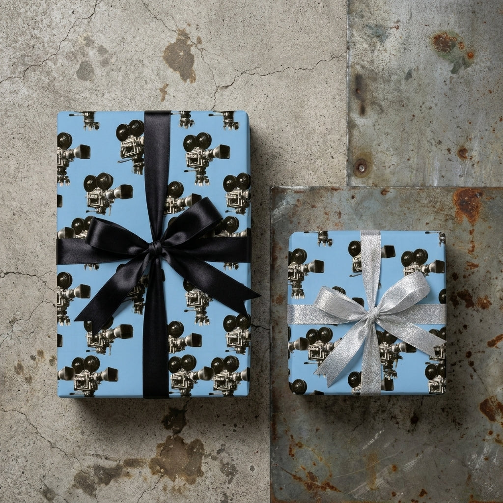 Retro cinema wrapping paper in light blue with vintage movie cameras on gift boxes by Wrapped Studios.