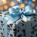 Retro movie wrapping paper in light blue with vintage cameras and a blue bow by Wrapped Studios.