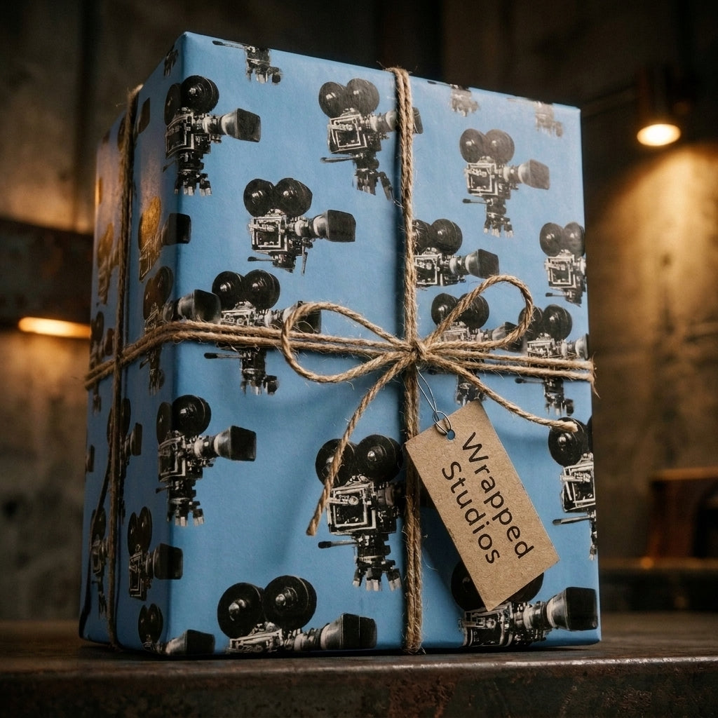 Retro film camera wrapping paper in blue, tied with twine and a Wrapped Studios gift tag.