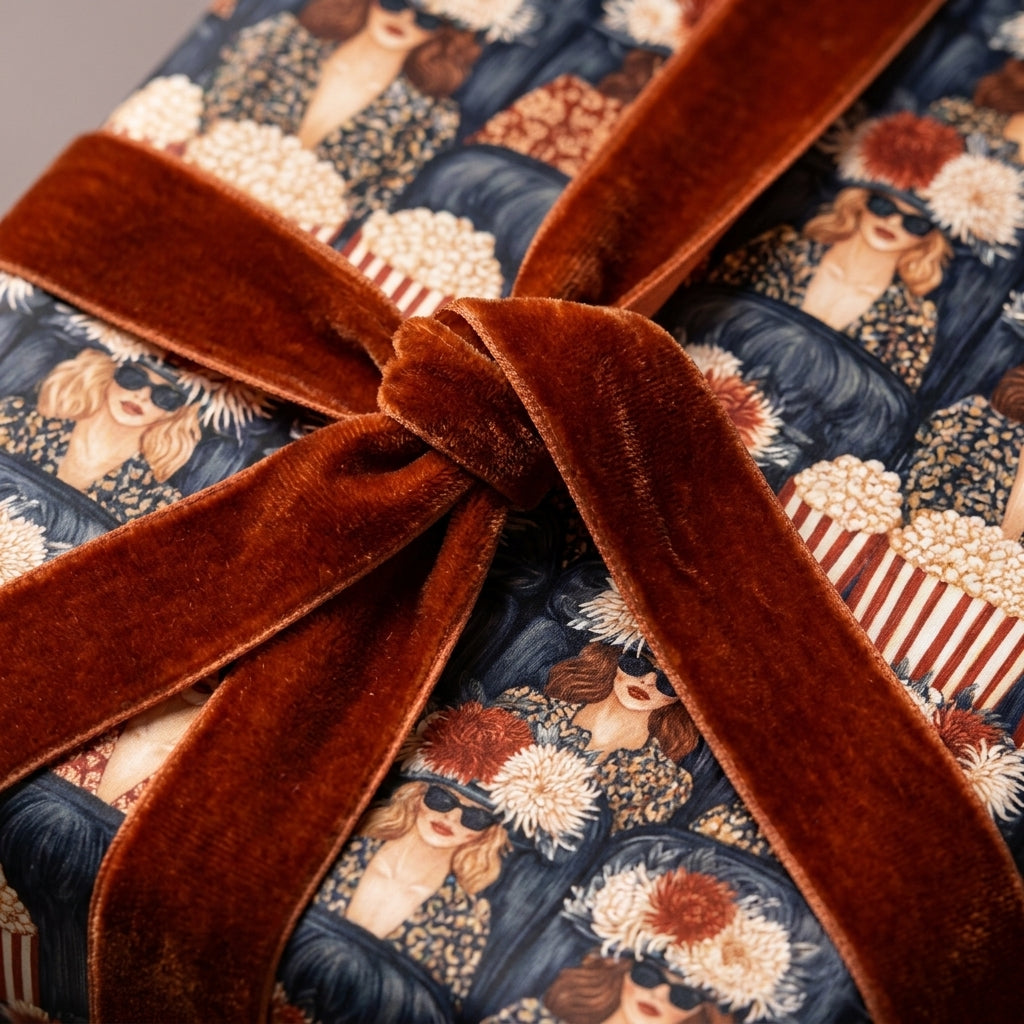 Luxury retro wrapping paper with illustrated women and a rust velvet ribbon by Wrapped Studios.