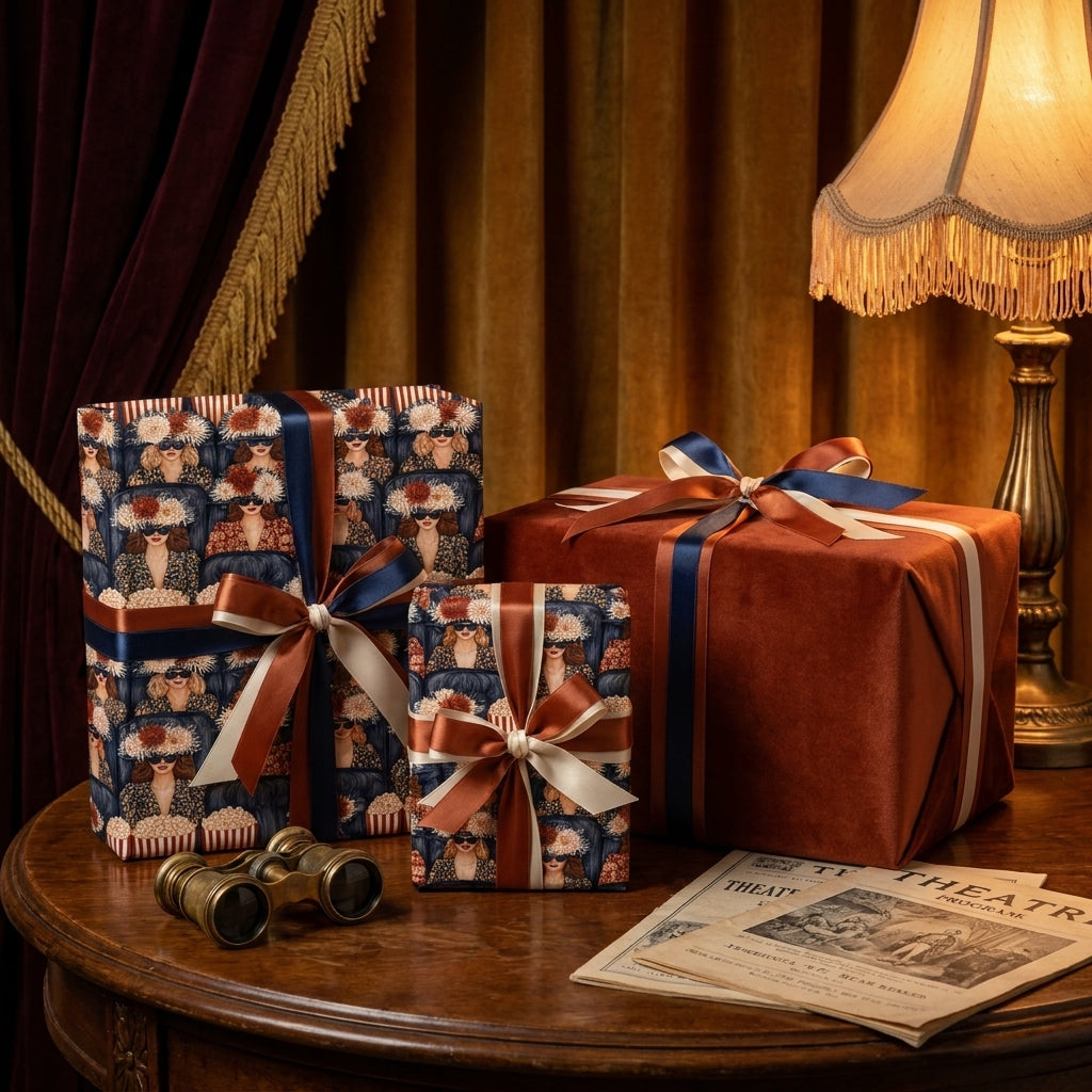Vintage cinema retro wrapping paper and luxury rust gift wrap with bows by Wrapped Studios.