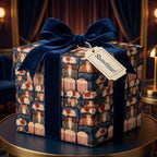 Vintage cinema themed gift wrap with a navy velvet bow on a luxury gift box by Wrapped Studios.