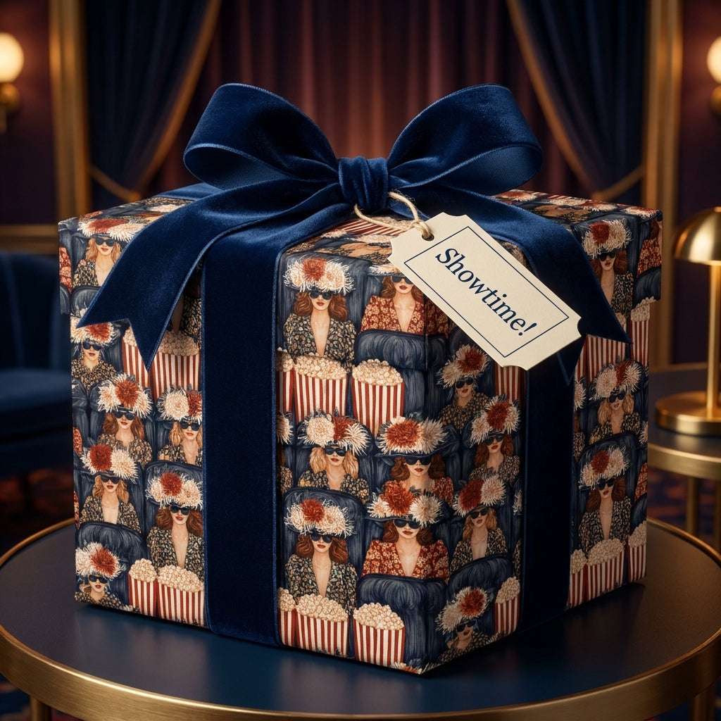 Vintage cinema themed gift wrap with a navy velvet bow on a luxury gift box by Wrapped Studios.
