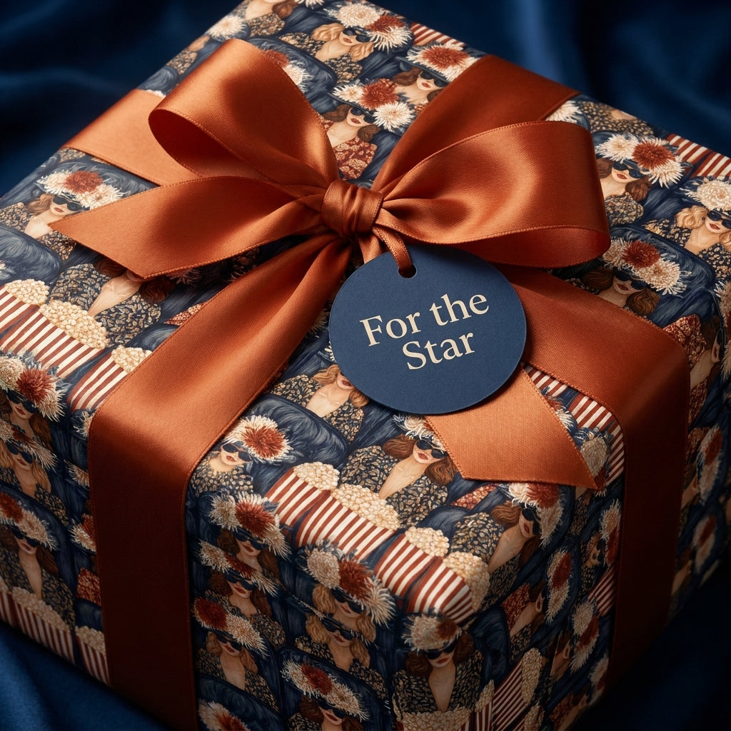 Luxury cinema wrapping paper with a copper satin ribbon and star gift tag by Wrapped Studios.