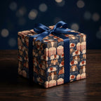 Retro cinema gift wrap featuring women with popcorn and a blue satin ribbon by Wrapped Studios.