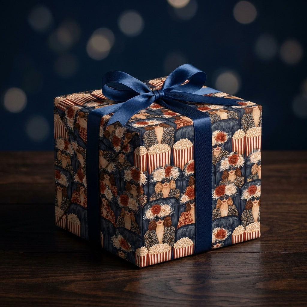 Retro cinema gift wrap featuring women with popcorn and a blue satin ribbon by Wrapped Studios.