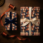 Chic vintage wrapping paper with illustrated women, blue velvet and cream bows by Wrapped Studios.
