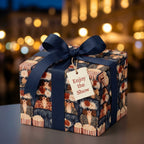 Retro cinema luxury wrapping paper with navy blue bow and tag by Wrapped Studios.
