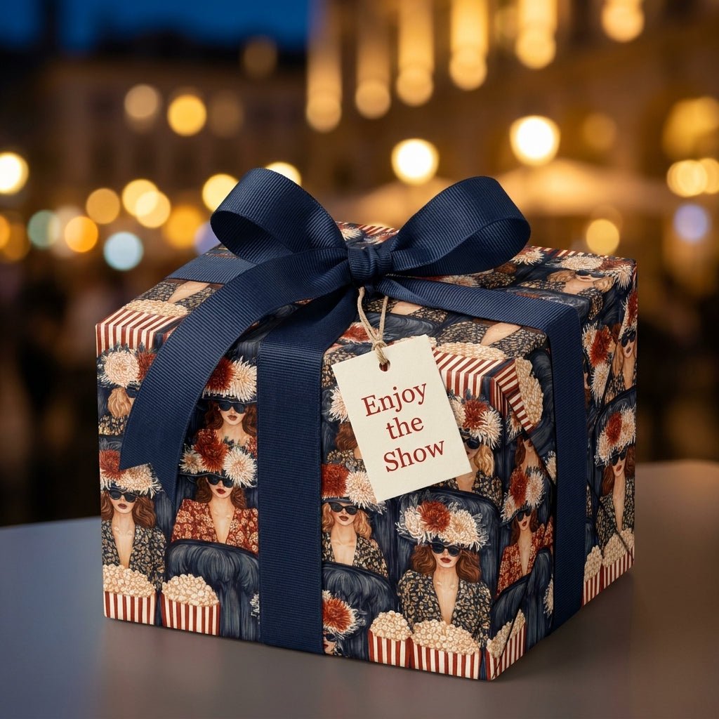Retro cinema luxury wrapping paper with navy blue bow and tag by Wrapped Studios.