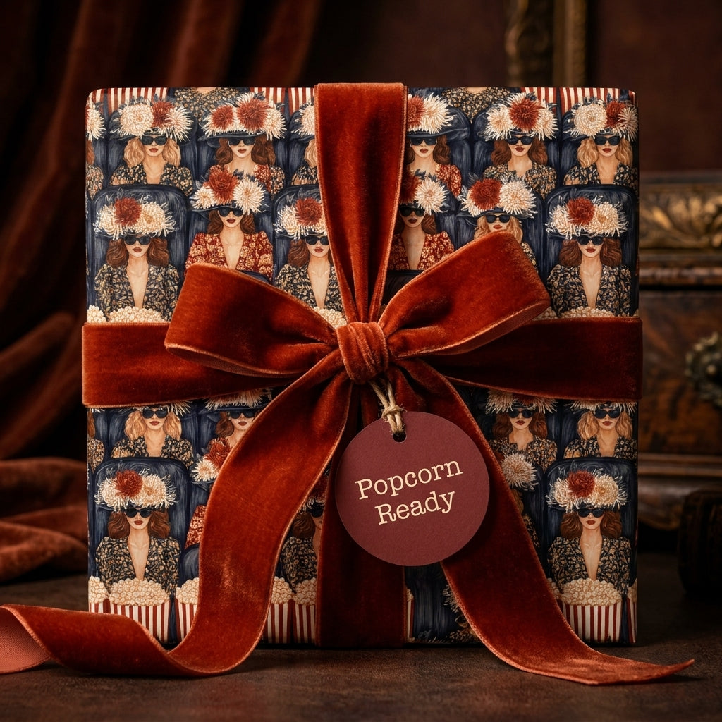 Retro cinema luxury wrapping paper with rust velvet bow and Popcorn Ready gift tag by Wrapped Studios.