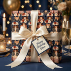 Luxury birthday wrapping paper with a retro movie diva pattern, tied in a cream satin ribbon by Wrapped Studios.