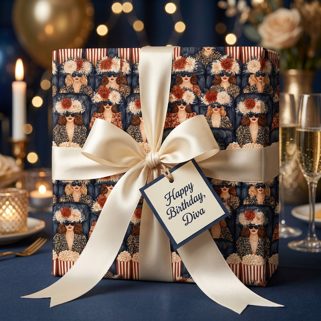Luxury birthday wrapping paper with a retro movie diva pattern, tied in a cream satin ribbon by Wrapped Studios.
