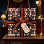 Luxury retro movie wrapping paper with a velvet bow and Admit One tag by Wrapped Studios.