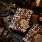 Vintage fashion luxury wrapping paper by Wrapped Studios on gifts with a rust velvet ribbon.