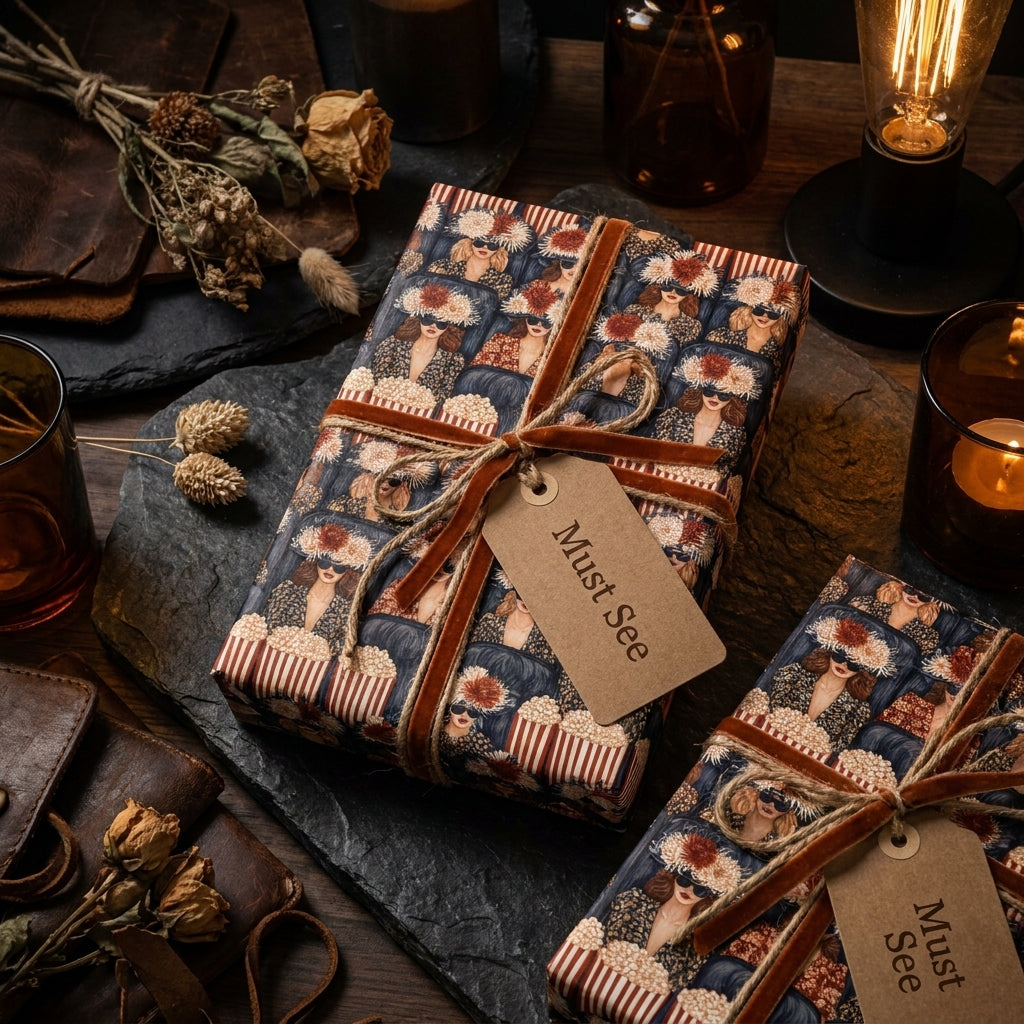 Vintage fashion luxury wrapping paper by Wrapped Studios on gifts with a rust velvet ribbon.