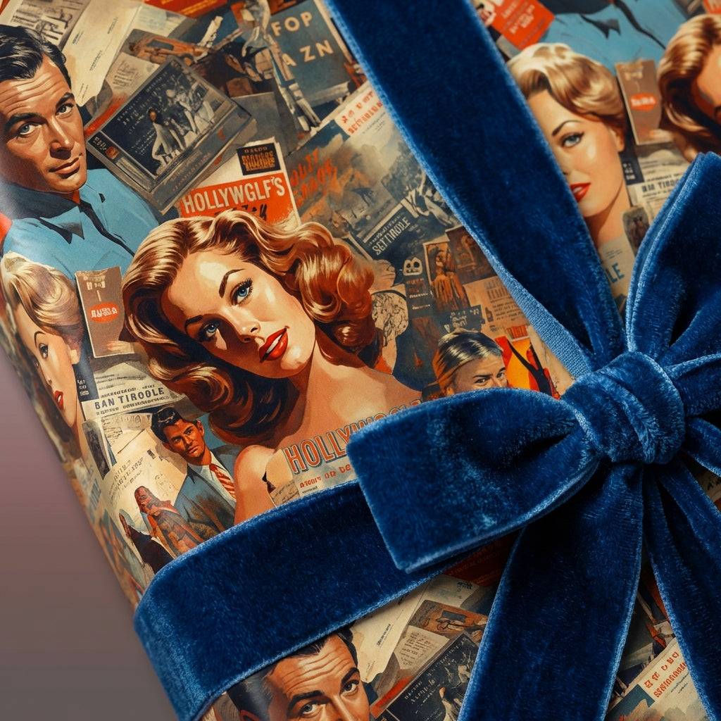 Gift wrapped in vintage-style Hollywood collage wrapping paper with a luxe blue velvet ribbon.