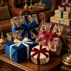 Elegant gifts wrapped in velvet ribbon and vintage Hollywood-themed wrapping paper on a wooden table.