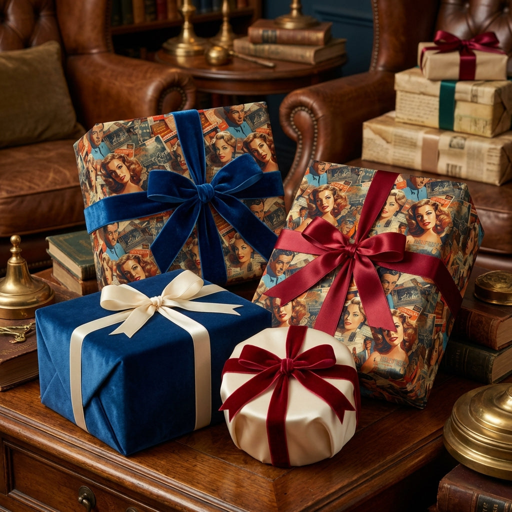 Elegant gifts wrapped in velvet ribbon and vintage Hollywood-themed wrapping paper on a wooden table.
